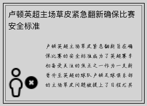卢顿英超主场草皮紧急翻新确保比赛安全标准