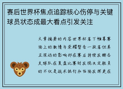 赛后世界杯焦点追踪核心伤停与关键球员状态成最大看点引发关注